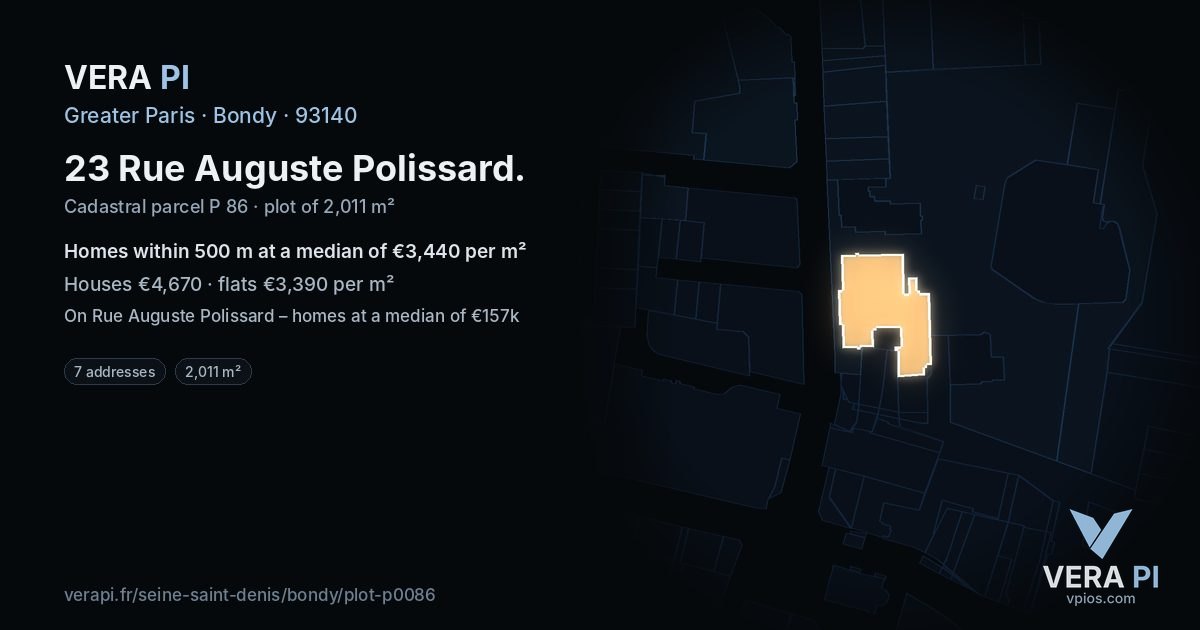 23 Rue Auguste Polissard, Bondy at night – the plot lit, the parcels around coloured by the prices near them
