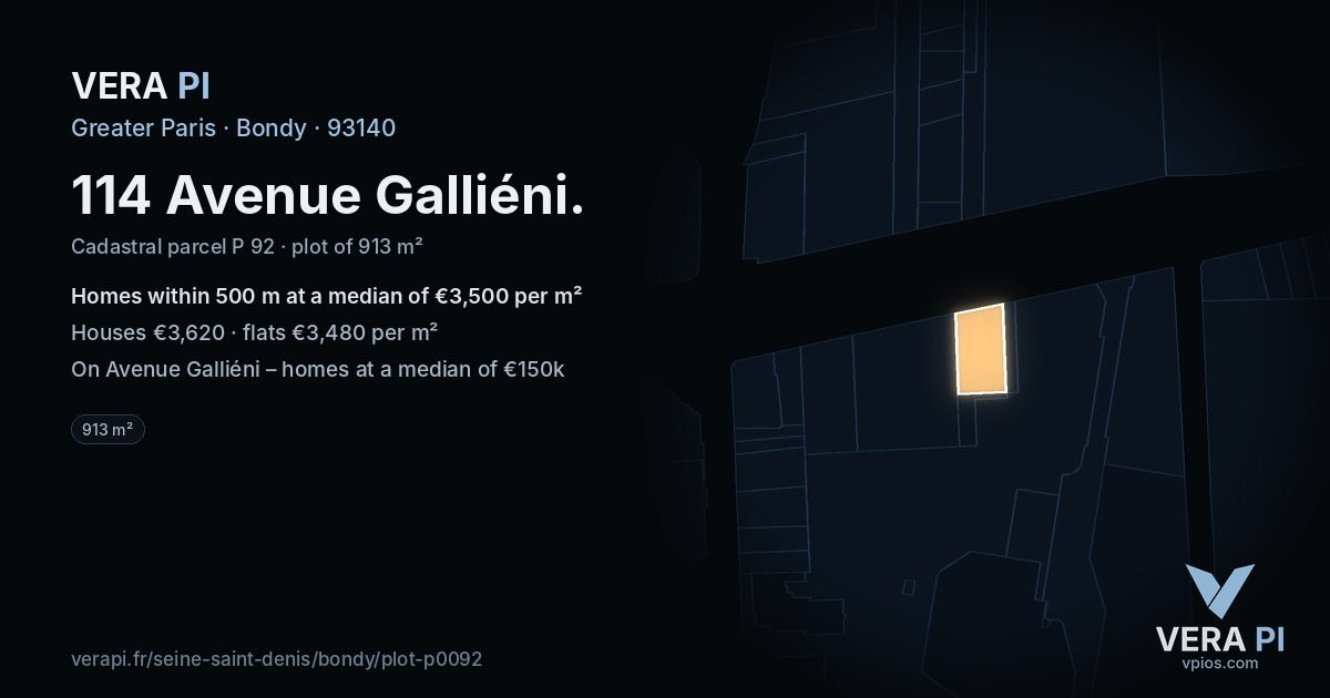 114 Avenue Galliéni, Bondy at night – the plot lit, the parcels around coloured by the prices near them