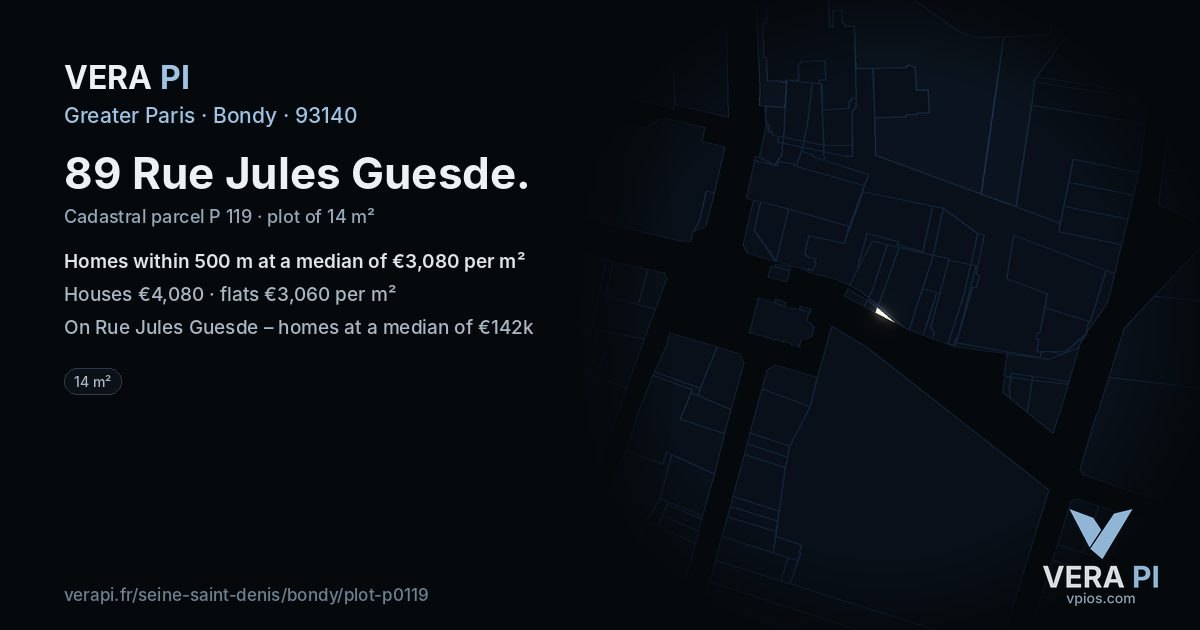 89 Rue Jules Guesde, Bondy at night – the plot lit, the parcels around coloured by the prices near them