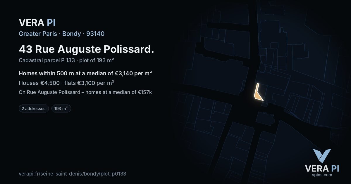 43 Rue Auguste Polissard, Bondy at night – the plot lit, the parcels around coloured by the prices near them