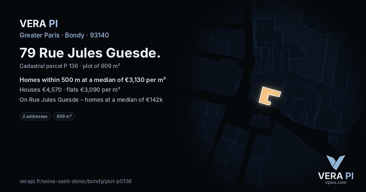 79 Rue Jules Guesde, Bondy at night – the plot lit, the parcels around coloured by the prices near them