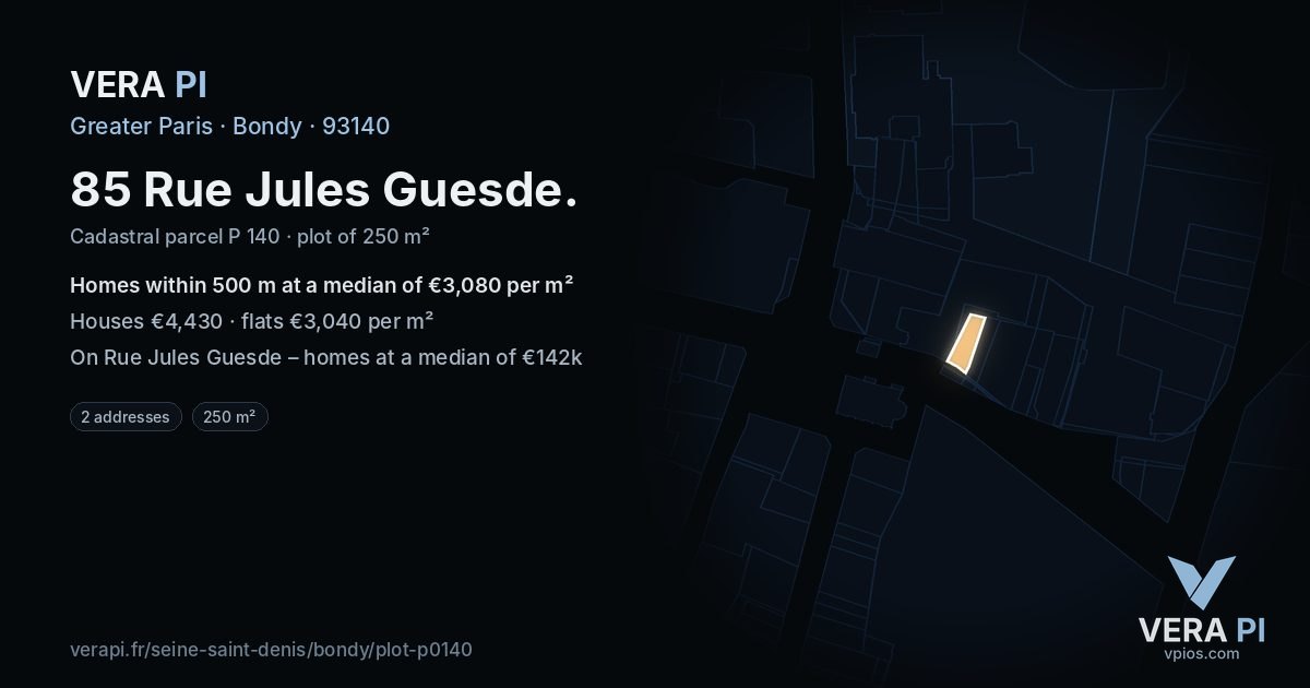 85 Rue Jules Guesde, Bondy at night – the plot lit, the parcels around coloured by the prices near them