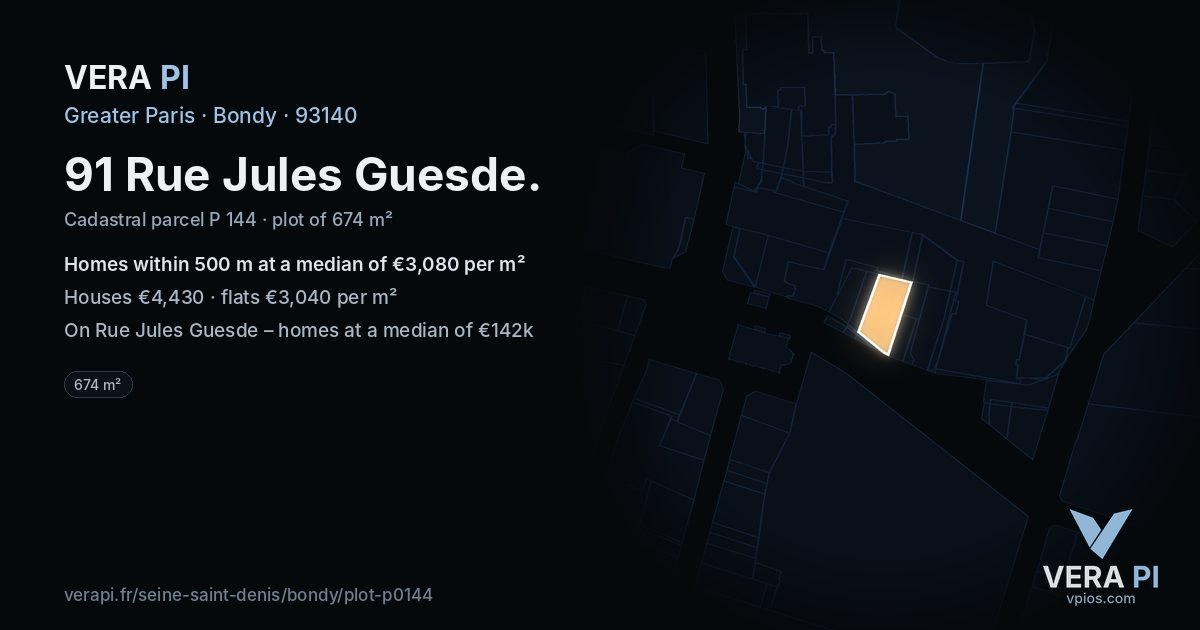 91 Rue Jules Guesde, Bondy at night – the plot lit, the parcels around coloured by the prices near them