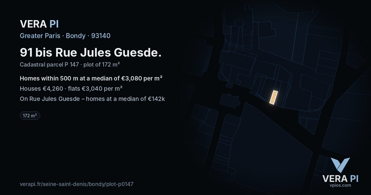 91 bis Rue Jules Guesde, Bondy at night – the plot lit, the parcels around coloured by the prices near them