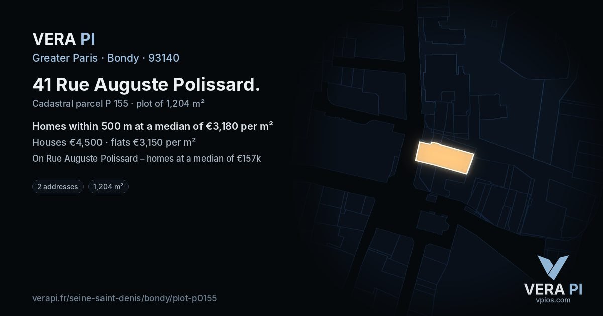 41 Rue Auguste Polissard, Bondy at night – the plot lit, the parcels around coloured by the prices near them