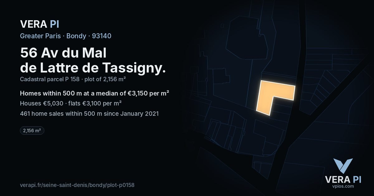 56 Av du Mal de Lattre de Tassigny, Bondy at night – the plot lit, the parcels around coloured by the prices near them
