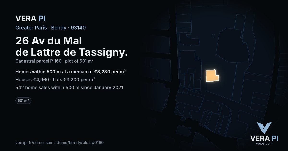 26 Av du Mal de Lattre de Tassigny, Bondy at night – the plot lit, the parcels around coloured by the prices near them