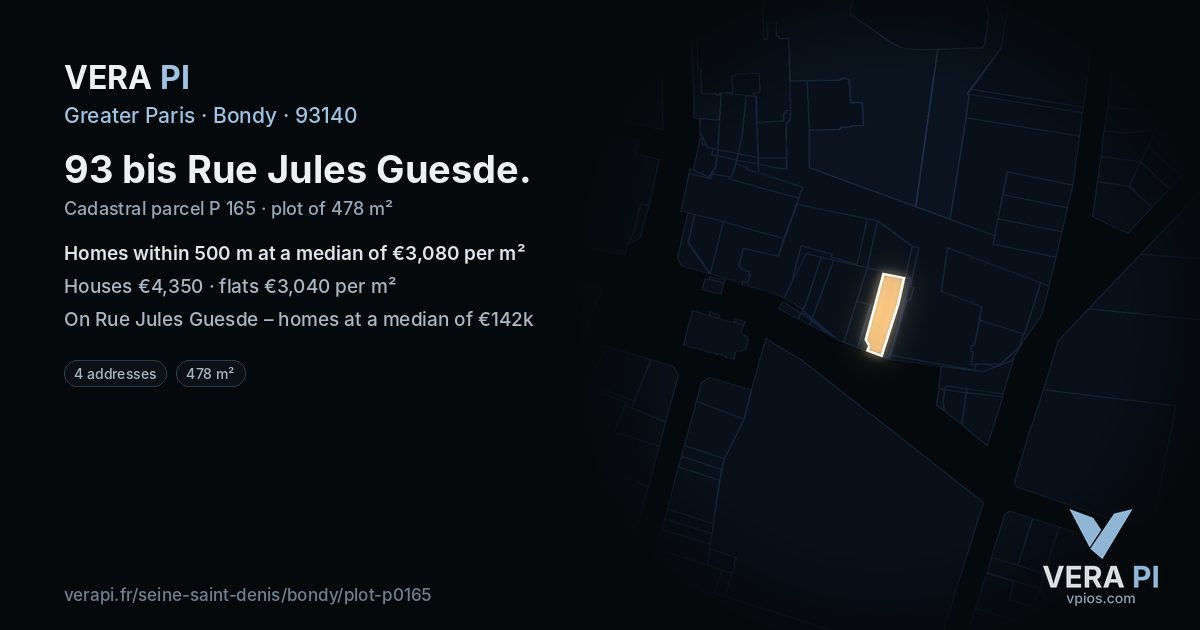 93 bis Rue Jules Guesde, Bondy at night – the plot lit, the parcels around coloured by the prices near them