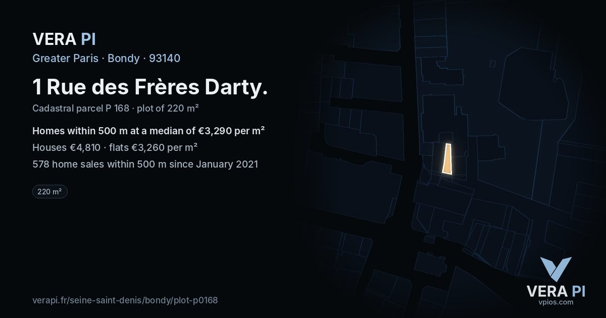 1 Rue des Frères Darty, Bondy at night – the plot lit, the parcels around coloured by the prices near them