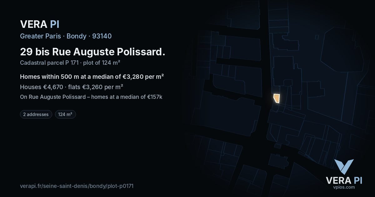 29 bis Rue Auguste Polissard, Bondy at night – the plot lit, the parcels around coloured by the prices near them