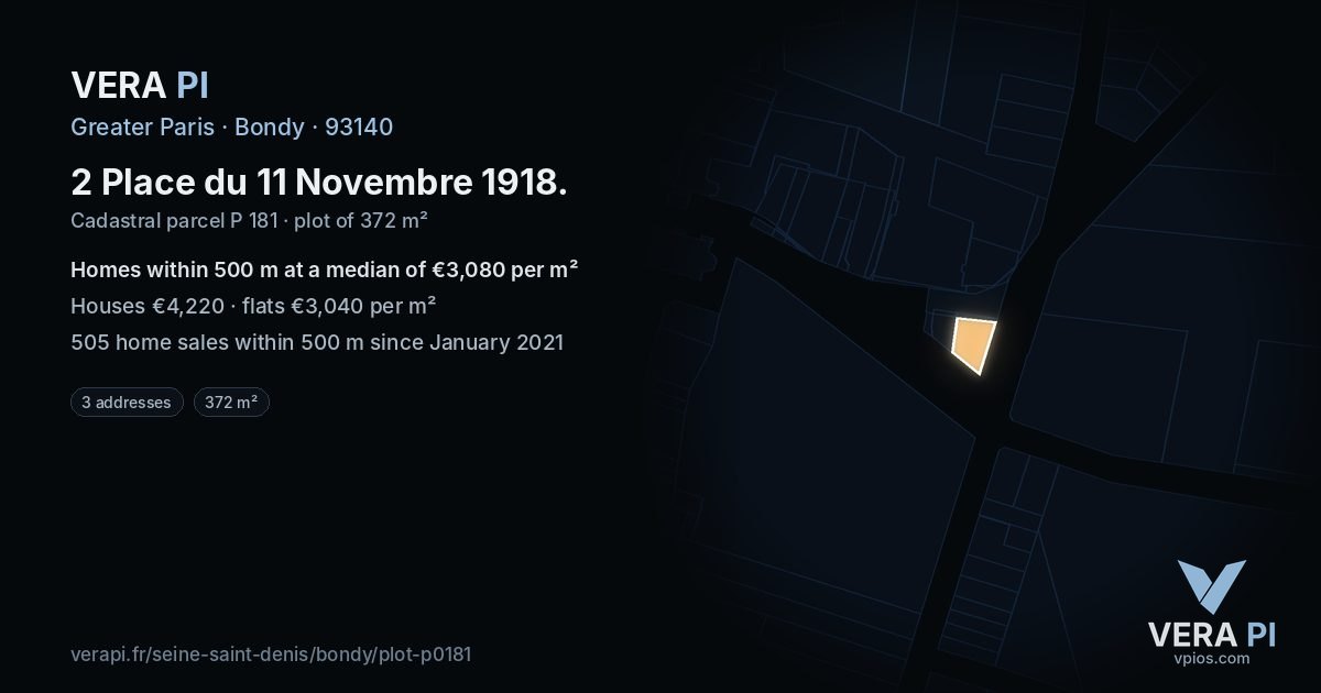 2 Place du 11 Novembre 1918, Bondy at night – the plot lit, the parcels around coloured by the prices near them