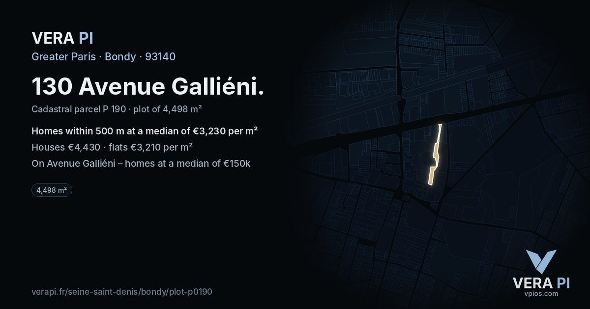 130 Avenue Galliéni, Bondy at night – the plot lit, the parcels around coloured by the prices near them