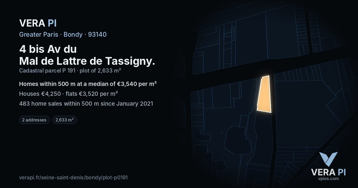 4 bis Av du Mal de Lattre de Tassigny, Bondy at night – the plot lit, the parcels around coloured by the prices near them