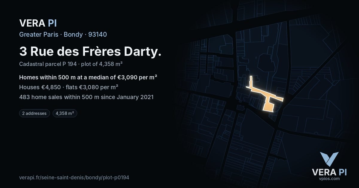 3 Rue des Frères Darty, Bondy at night – the plot lit, the parcels around coloured by the prices near them