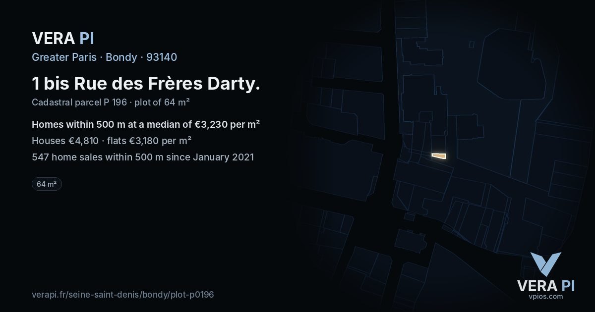 1 bis Rue des Frères Darty, Bondy at night – the plot lit, the parcels around coloured by the prices near them