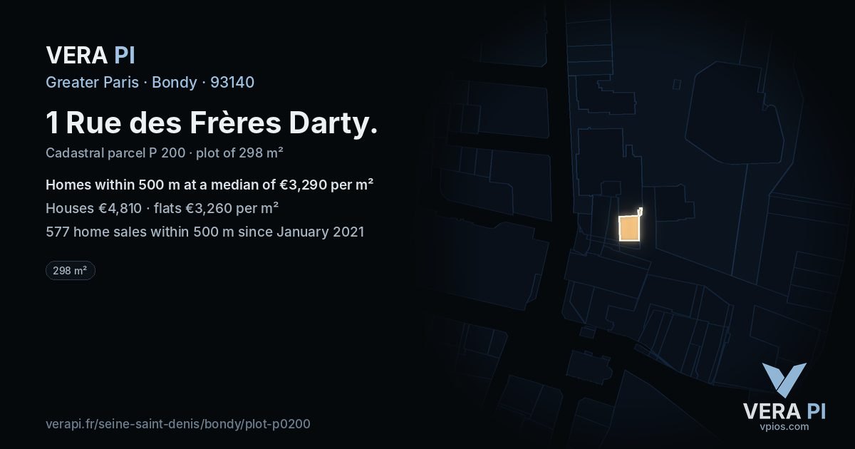 1 Rue des Frères Darty, Bondy at night – the plot lit, the parcels around coloured by the prices near them