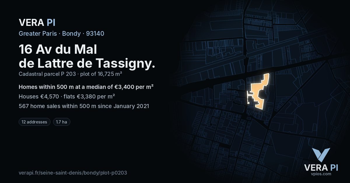 16 Av du Mal de Lattre de Tassigny, Bondy at night – the plot lit, the parcels around coloured by the prices near them