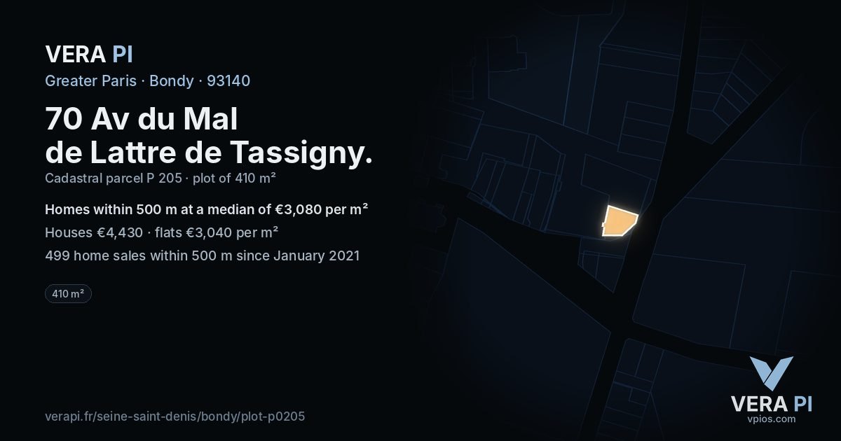 70 Av du Mal de Lattre de Tassigny, Bondy at night – the plot lit, the parcels around coloured by the prices near them