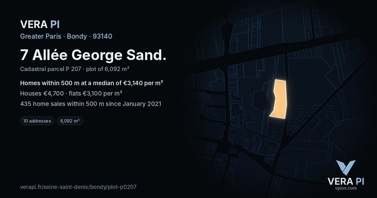 7 Allée George Sand, Bondy at night – the plot lit, the parcels around coloured by the prices near them