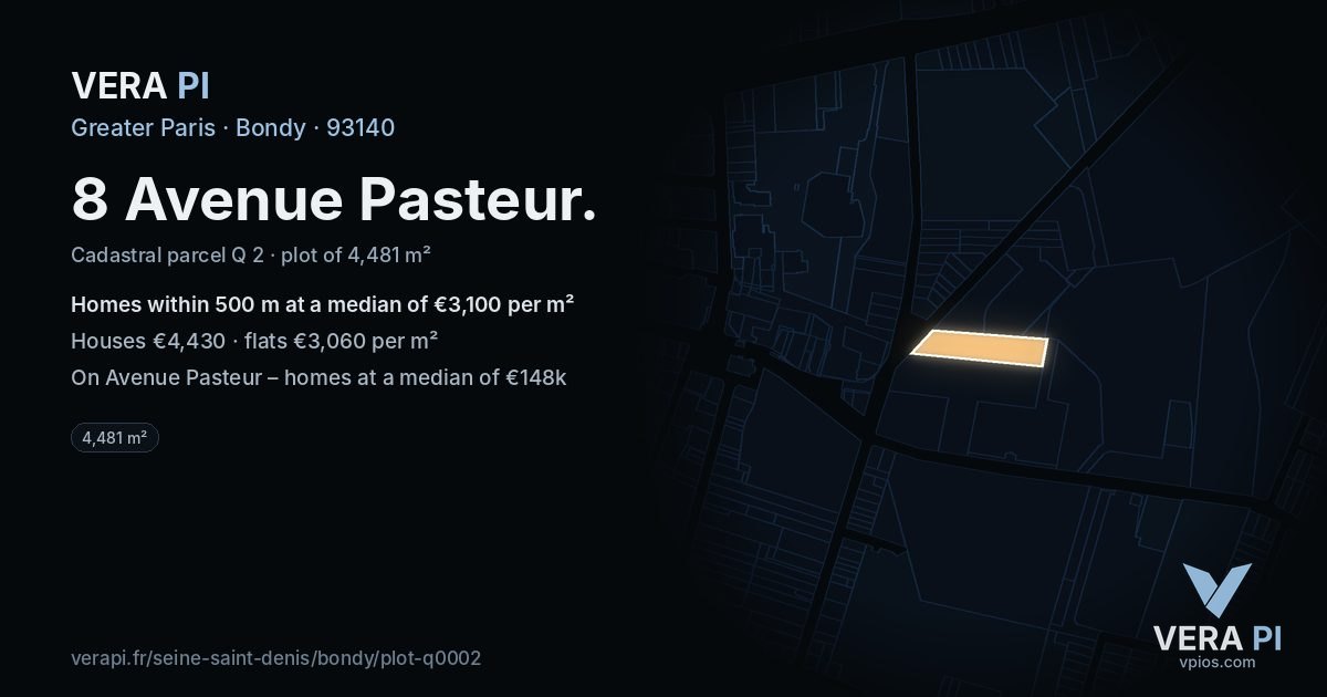 8 Avenue Pasteur, Bondy at night – the plot lit, the parcels around coloured by the prices near them