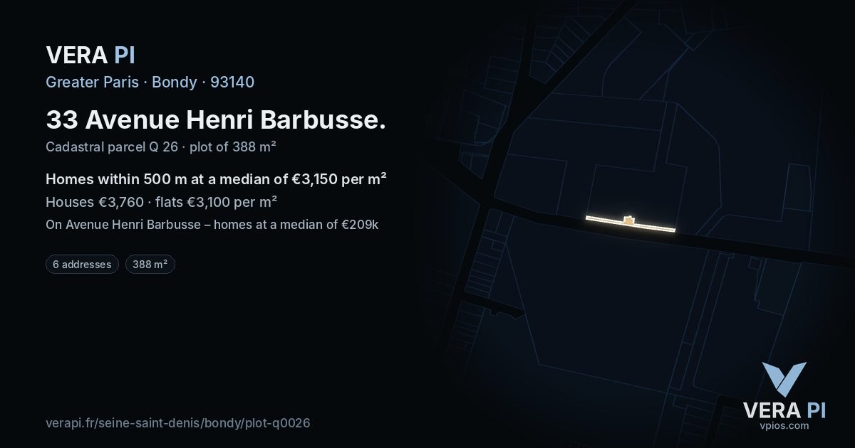 33 Avenue Henri Barbusse, Bondy at night – the plot lit, the parcels around coloured by the prices near them
