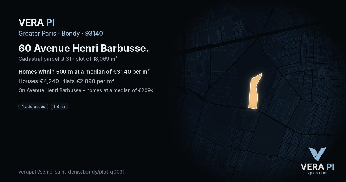 60 Avenue Henri Barbusse, Bondy at night – the plot lit, the parcels around coloured by the prices near them