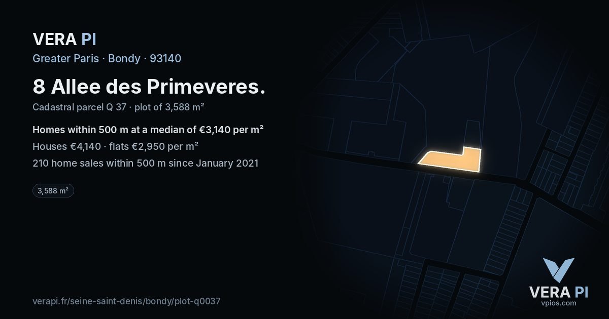 8 Allee des Primeveres, Bondy at night – the plot lit, the parcels around coloured by the prices near them