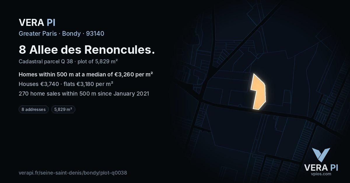 8 Allee des Renoncules, Bondy at night – the plot lit, the parcels around coloured by the prices near them