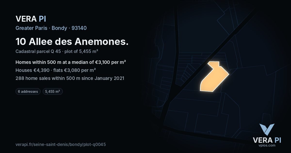 10 Allee des Anemones, Bondy at night – the plot lit, the parcels around coloured by the prices near them