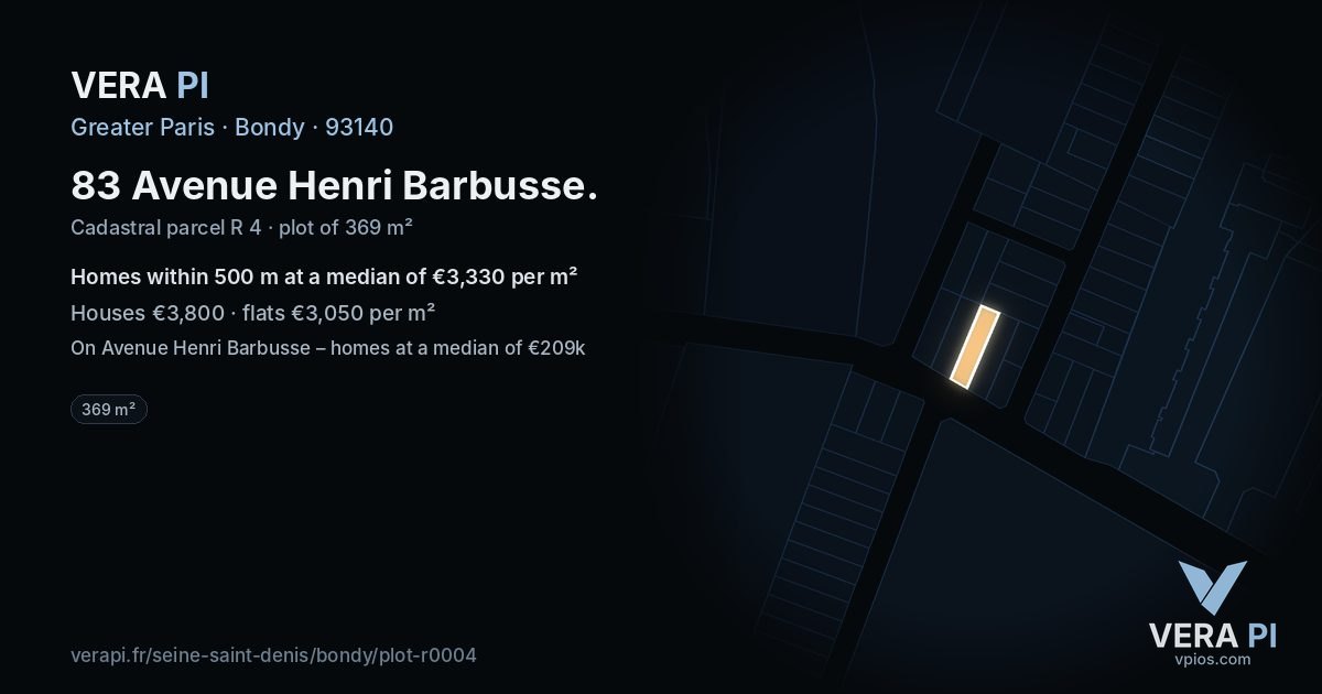 83 Avenue Henri Barbusse, Bondy at night – the plot lit, the parcels around coloured by the prices near them