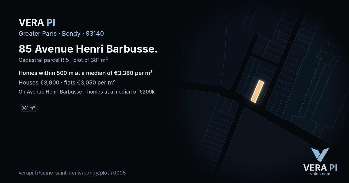 85 Avenue Henri Barbusse, Bondy at night – the plot lit, the parcels around coloured by the prices near them