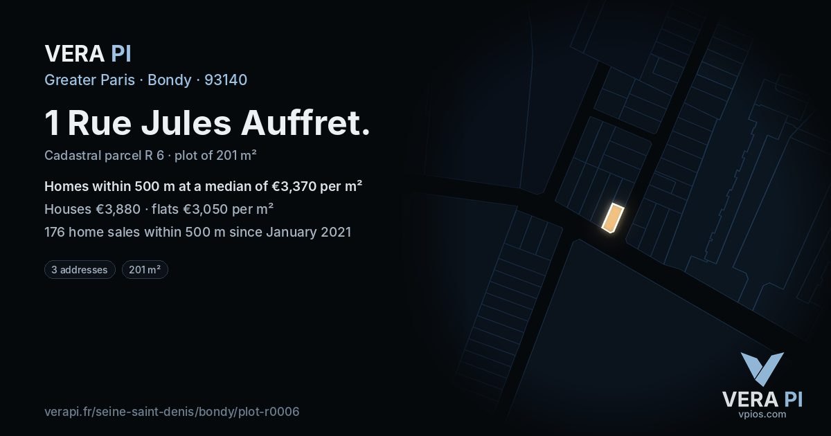 1 Rue Jules Auffret, Bondy at night – the plot lit, the parcels around coloured by the prices near them