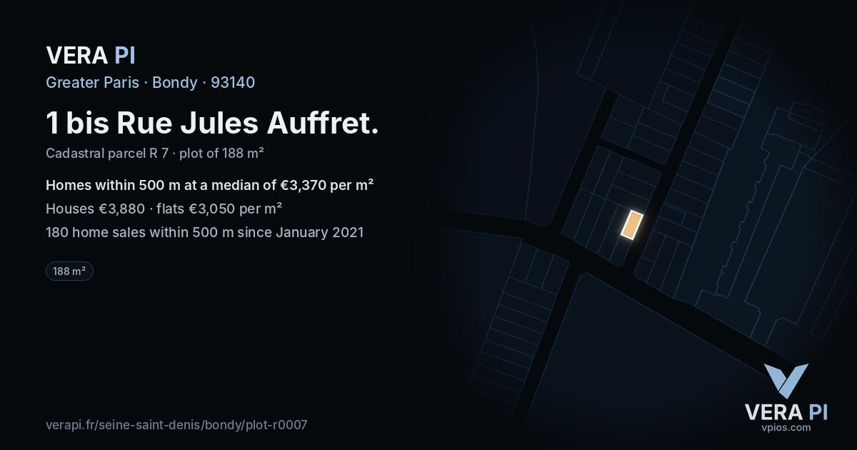 1 bis Rue Jules Auffret, Bondy at night – the plot lit, the parcels around coloured by the prices near them