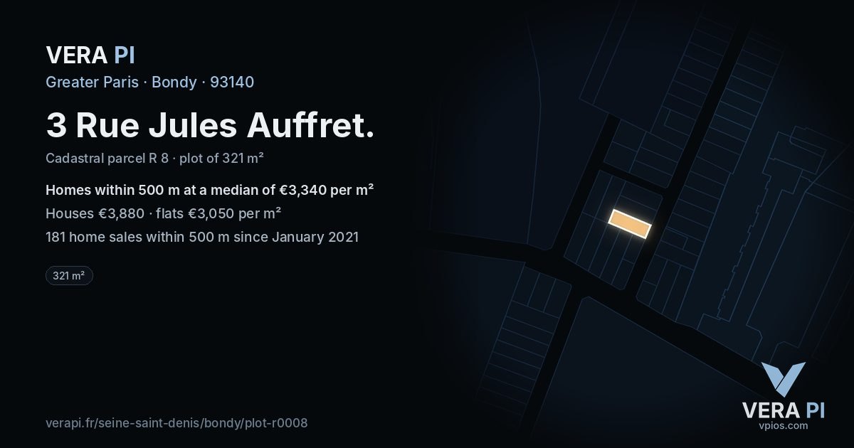 3 Rue Jules Auffret, Bondy at night – the plot lit, the parcels around coloured by the prices near them