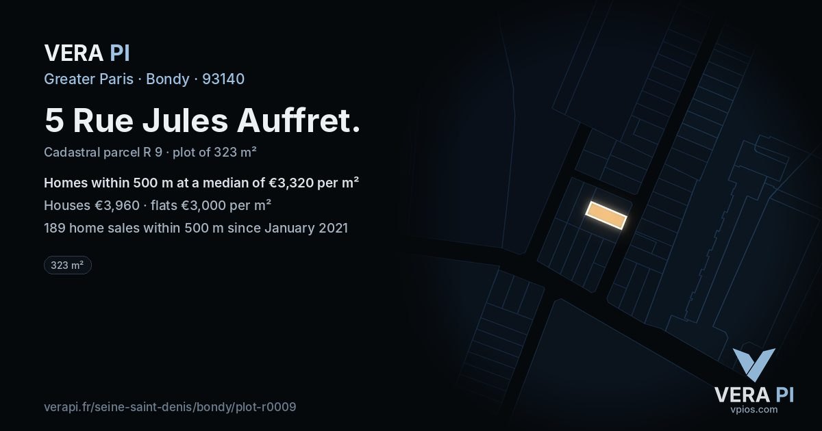 5 Rue Jules Auffret, Bondy at night – the plot lit, the parcels around coloured by the prices near them