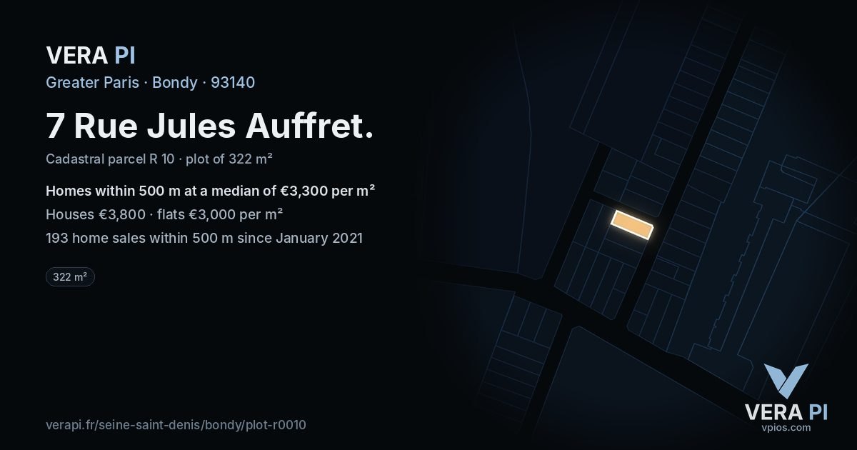 7 Rue Jules Auffret, Bondy at night – the plot lit, the parcels around coloured by the prices near them