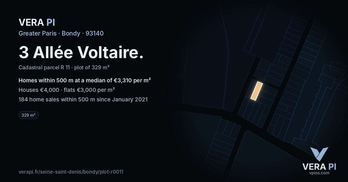 3 Allée Voltaire, Bondy at night – the plot lit, the parcels around coloured by the prices near them