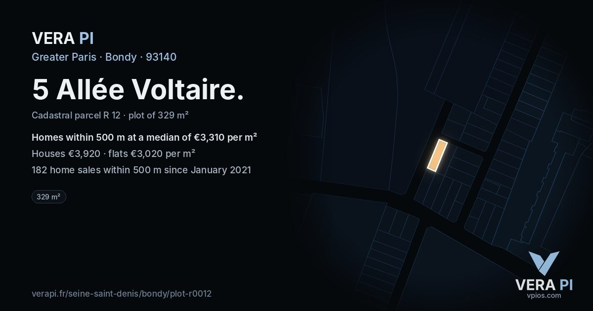 5 Allée Voltaire, Bondy at night – the plot lit, the parcels around coloured by the prices near them