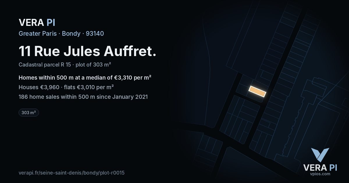 11 Rue Jules Auffret, Bondy at night – the plot lit, the parcels around coloured by the prices near them