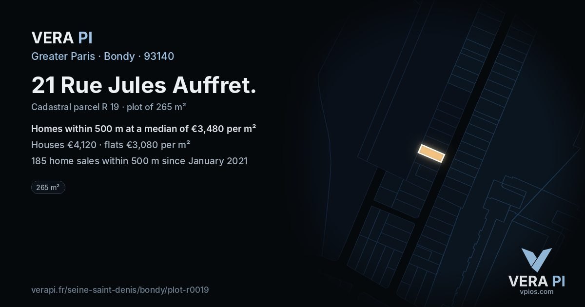 21 Rue Jules Auffret, Bondy at night – the plot lit, the parcels around coloured by the prices near them
