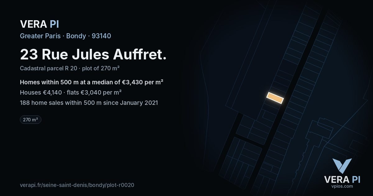 23 Rue Jules Auffret, Bondy at night – the plot lit, the parcels around coloured by the prices near them