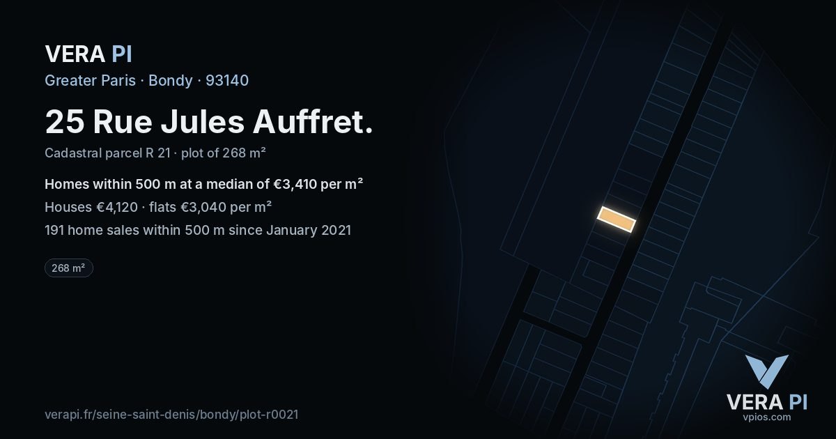 25 Rue Jules Auffret, Bondy at night – the plot lit, the parcels around coloured by the prices near them