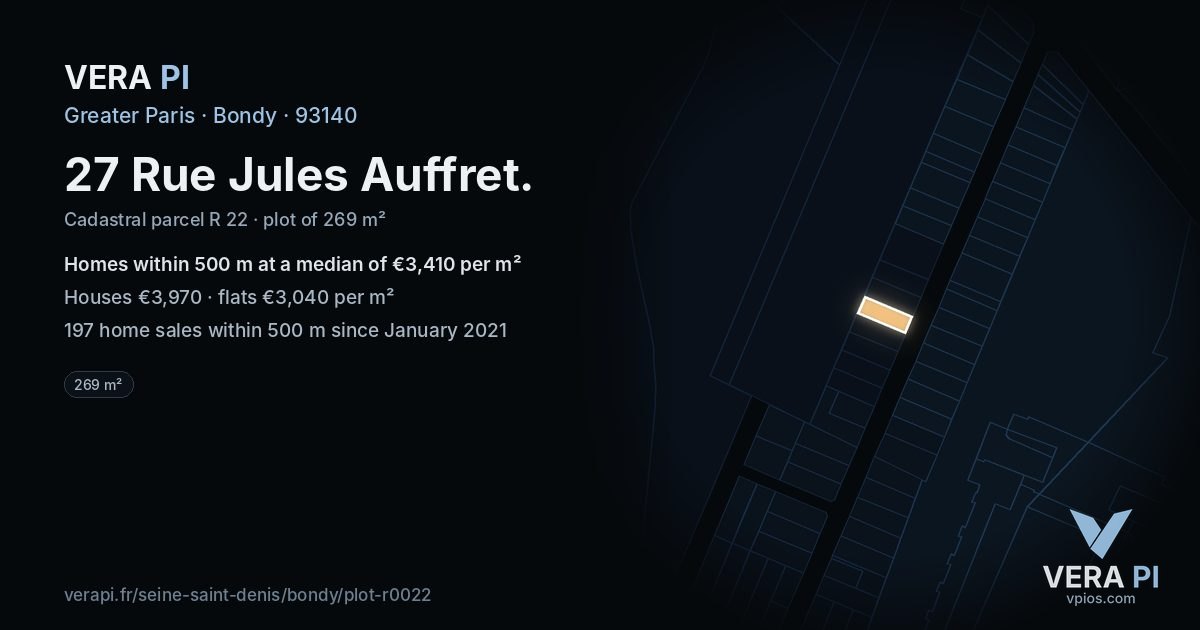 27 Rue Jules Auffret, Bondy at night – the plot lit, the parcels around coloured by the prices near them