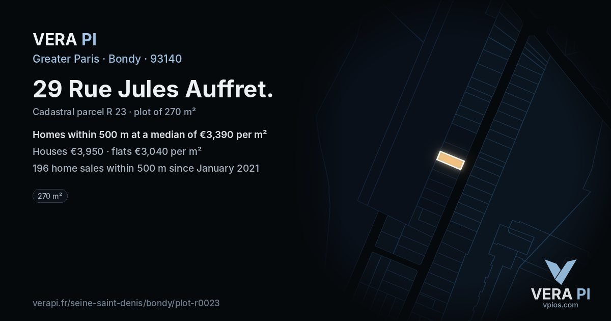 29 Rue Jules Auffret, Bondy at night – the plot lit, the parcels around coloured by the prices near them