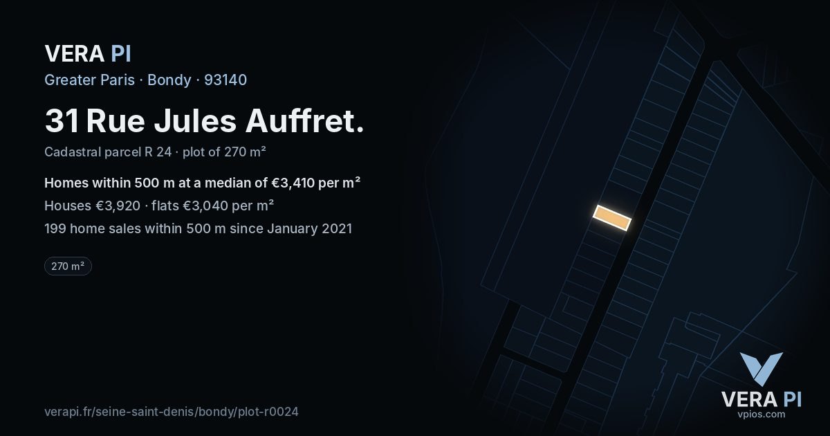 31 Rue Jules Auffret, Bondy at night – the plot lit, the parcels around coloured by the prices near them