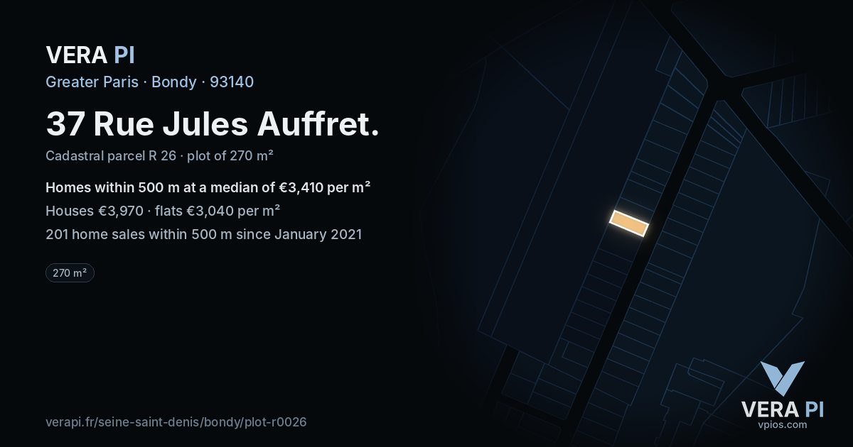 37 Rue Jules Auffret, Bondy at night – the plot lit, the parcels around coloured by the prices near them