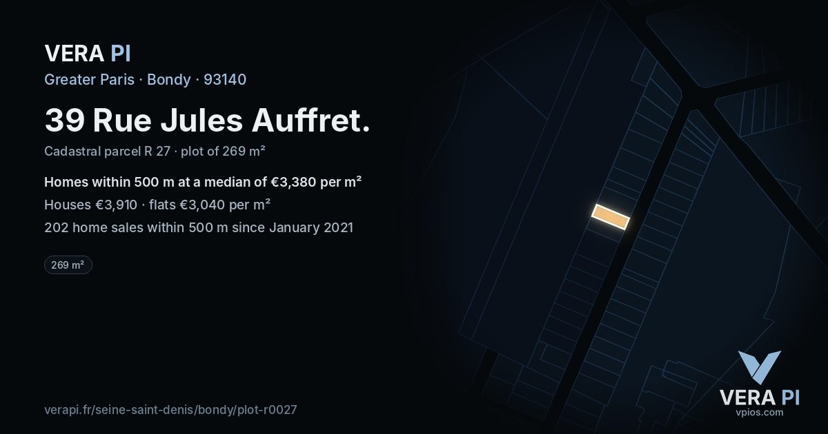 39 Rue Jules Auffret, Bondy at night – the plot lit, the parcels around coloured by the prices near them