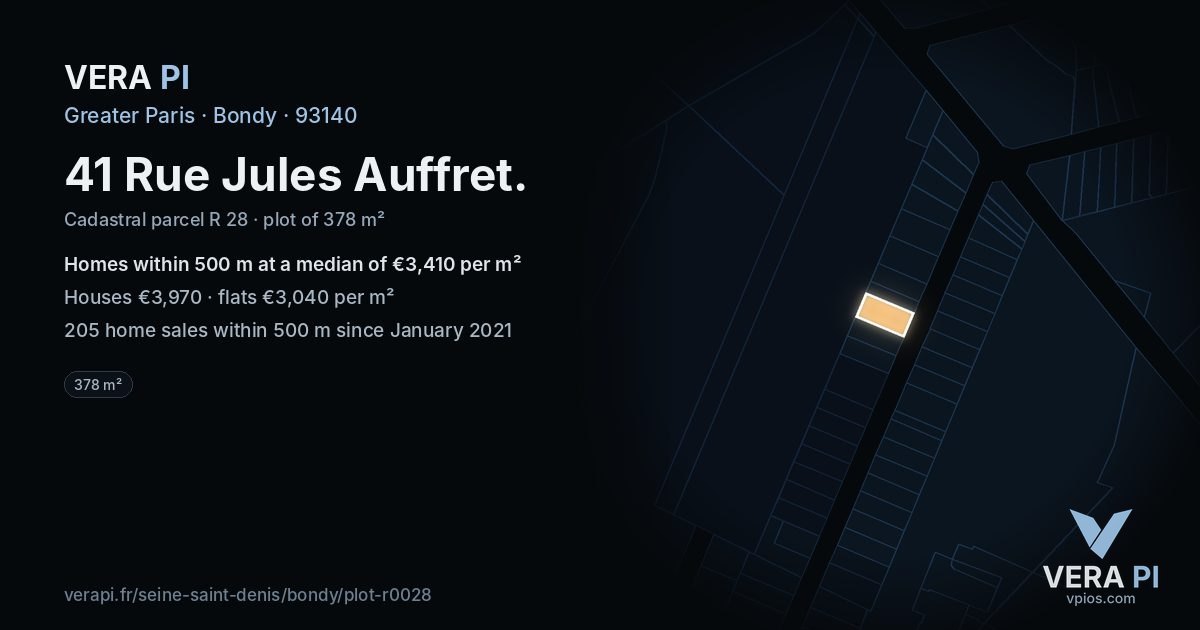 41 Rue Jules Auffret, Bondy at night – the plot lit, the parcels around coloured by the prices near them