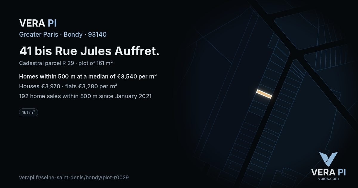 41 bis Rue Jules Auffret, Bondy at night – the plot lit, the parcels around coloured by the prices near them