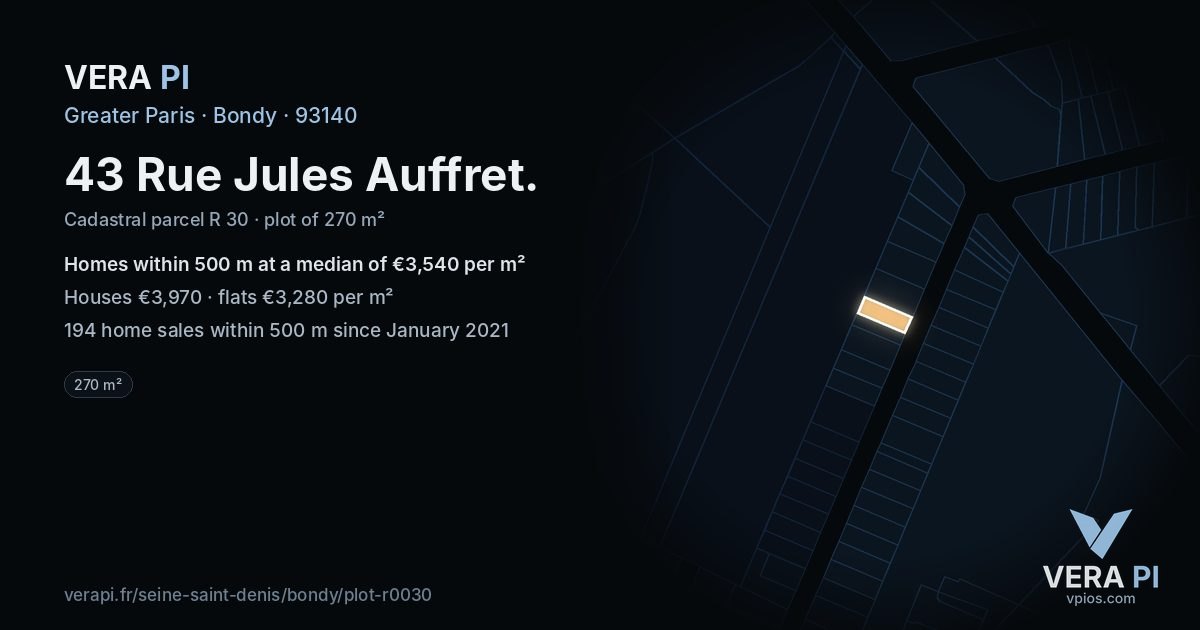 43 Rue Jules Auffret, Bondy at night – the plot lit, the parcels around coloured by the prices near them